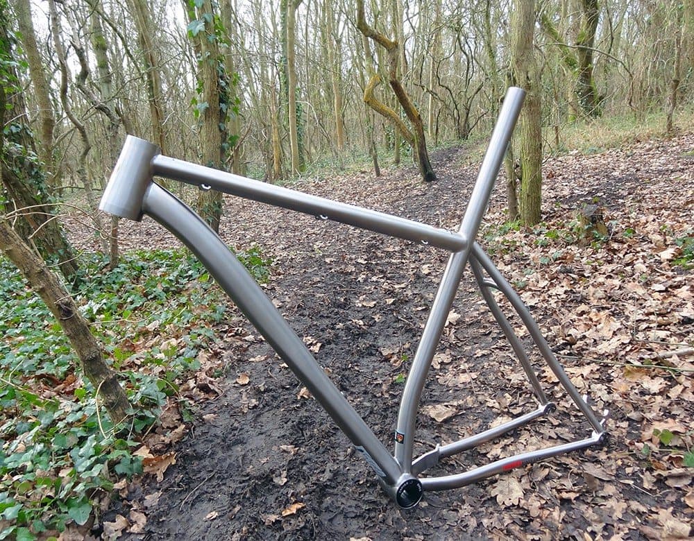 A bare brushed titanium frame in the woods
