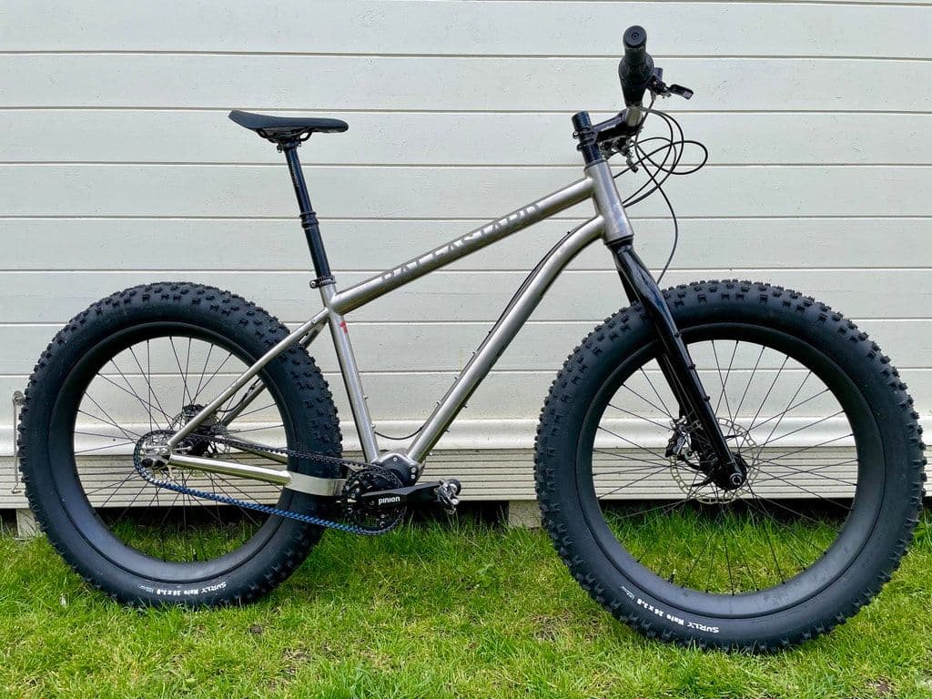 A titanium fat bike with a Pinion gearbox and belt drive