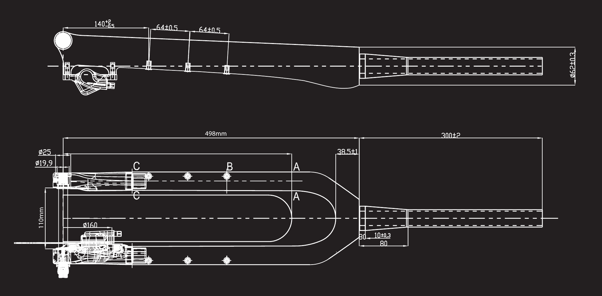 EVO Prong dimensions drawing: 498 mm axle-to-crown, 110 mm hub spacing, 300 mm steerer