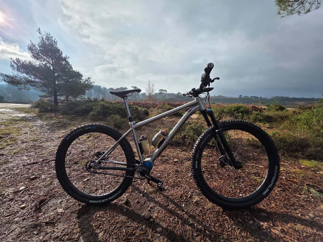 A Travers titanium bike built with a Pinion gearbox, out on the heath at dawn